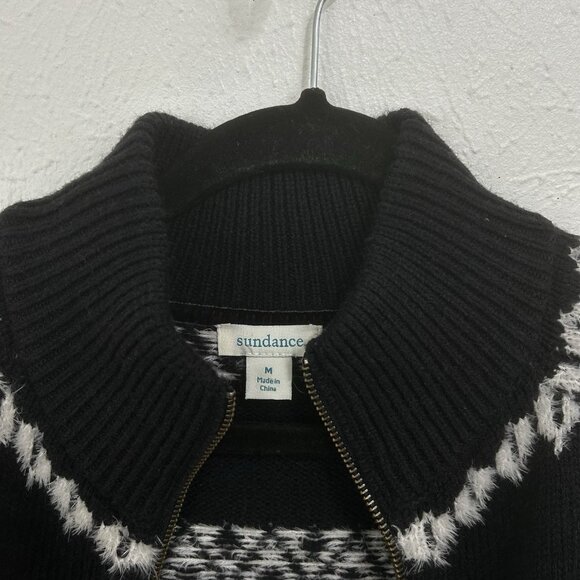 Sundance Fenn Fair Isle Sweater Zip Front Cardigan Black White Size M Cabincore - Picture 9 of 11